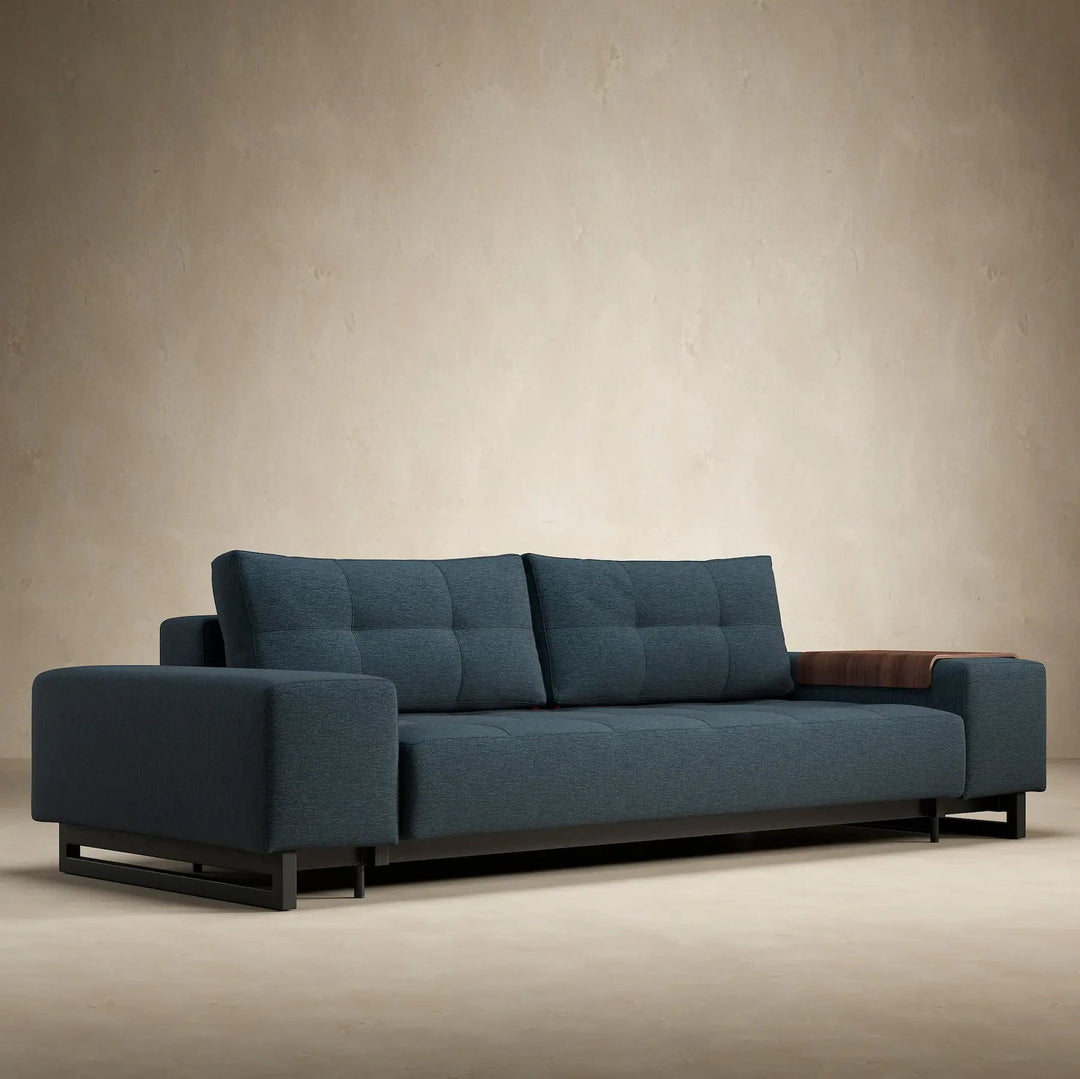 Midnight blue soho sofa bed with walnut tray