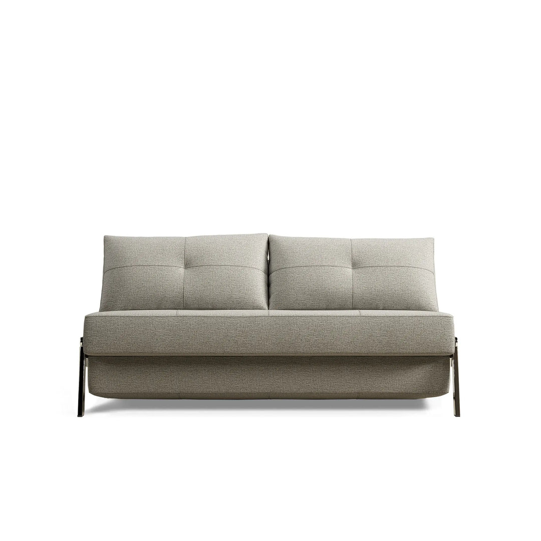 loveseat size sofa bed in grey tweed fabric. Armless with chrome legs