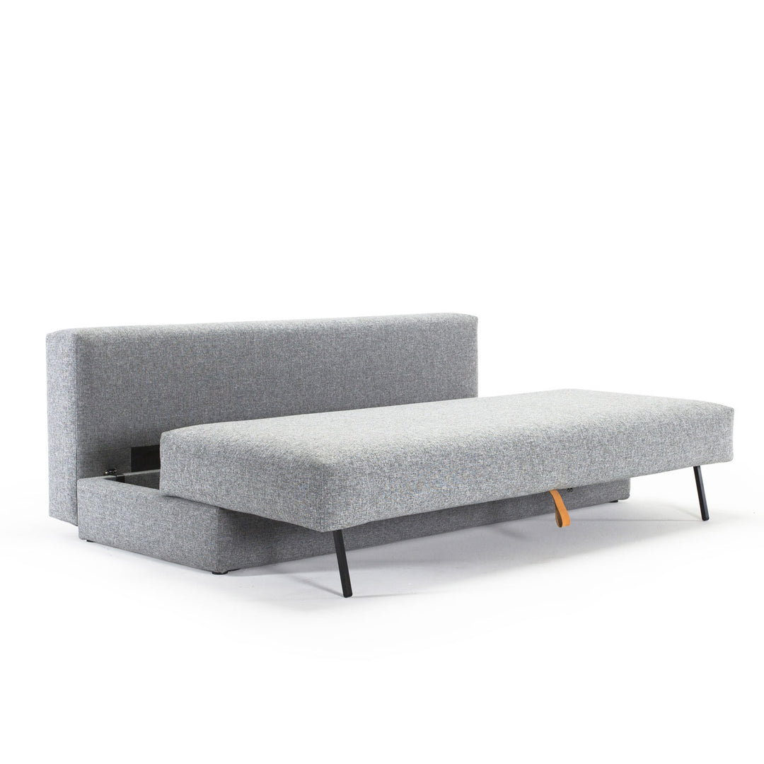 Nest storage sofa bed in ash grey fabric half open to bed to show the opening process and storage space